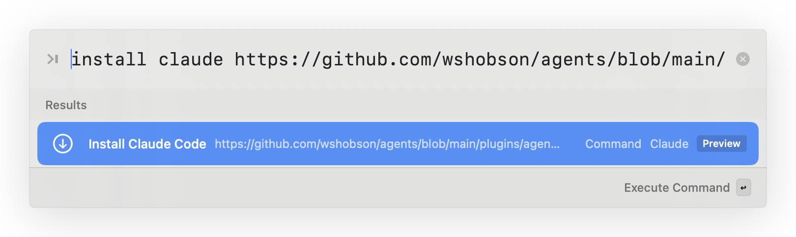 Rouser launcher showing install claude command with GitHub URL and Execute Command button