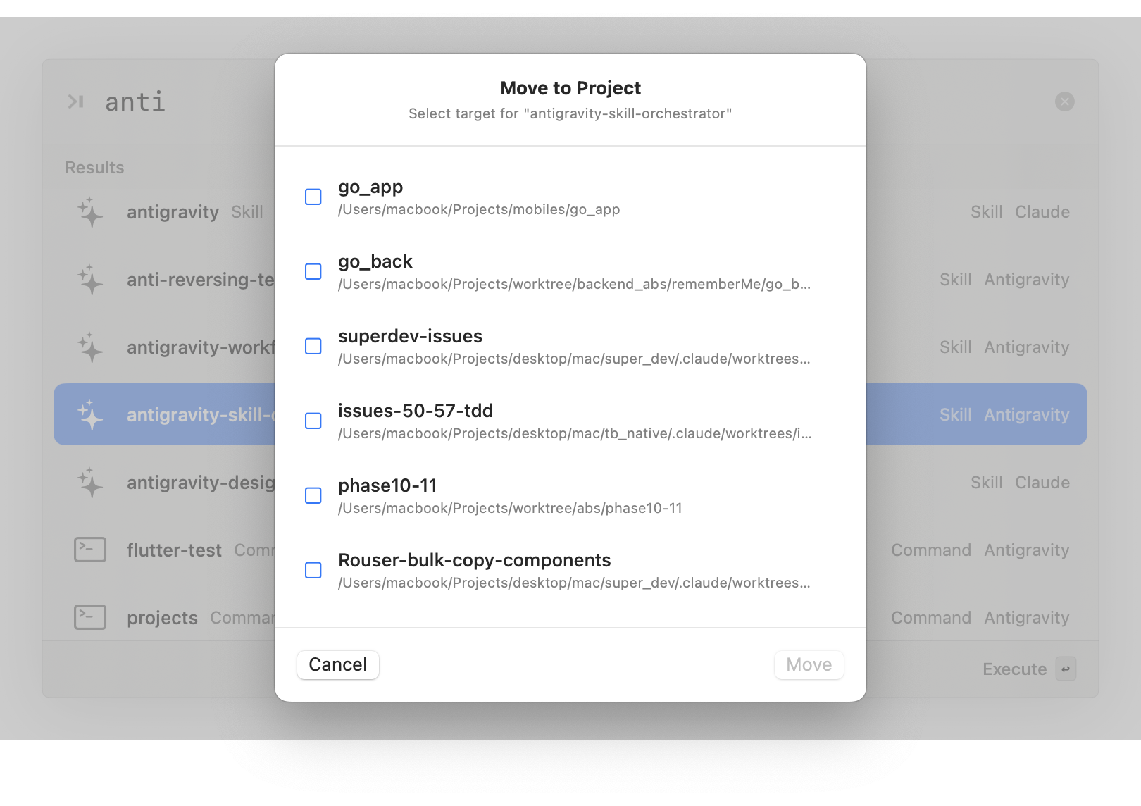 Move to Project dialog showing project list for antigravity-skill-orchestrator item
