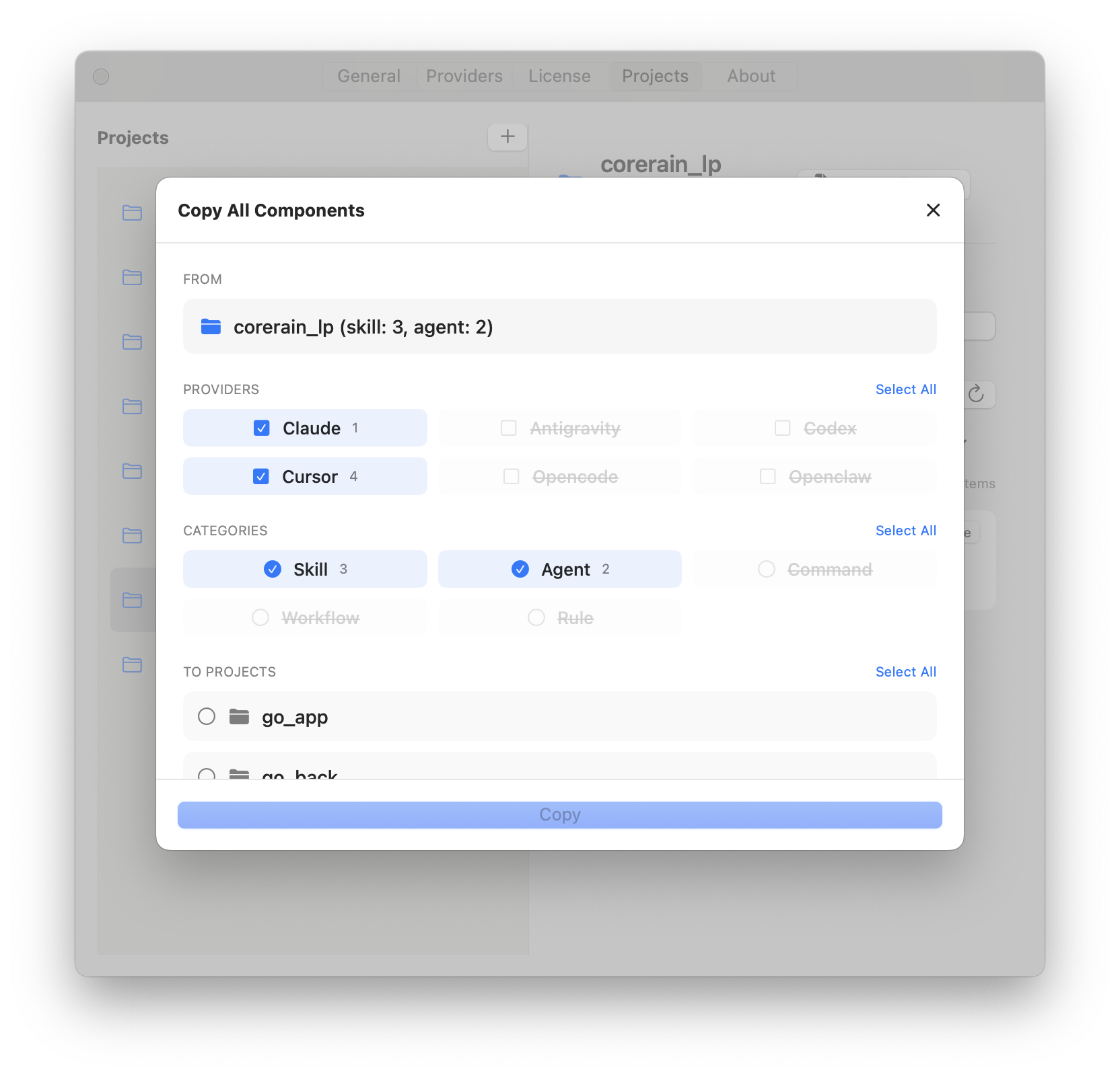 Copy All Components dialog with provider checkboxes, category filters, and target project selection